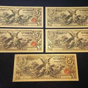 "LOT OF 5" 1896 $5 Silver Certificates 24k Gold Foil Plated Novelty Banknote